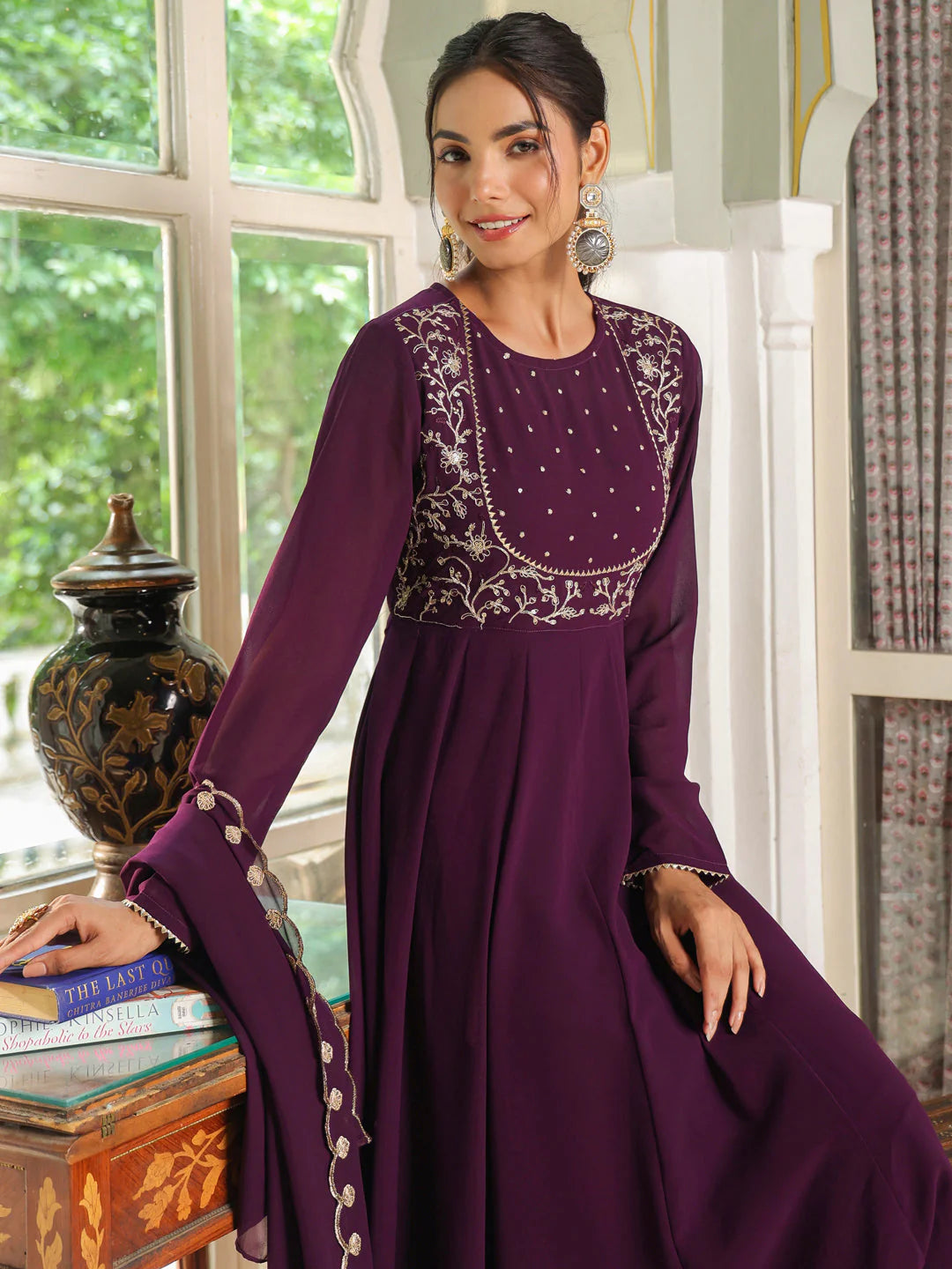 Purple Embroidered Georgette Anarkali Palazzo Set