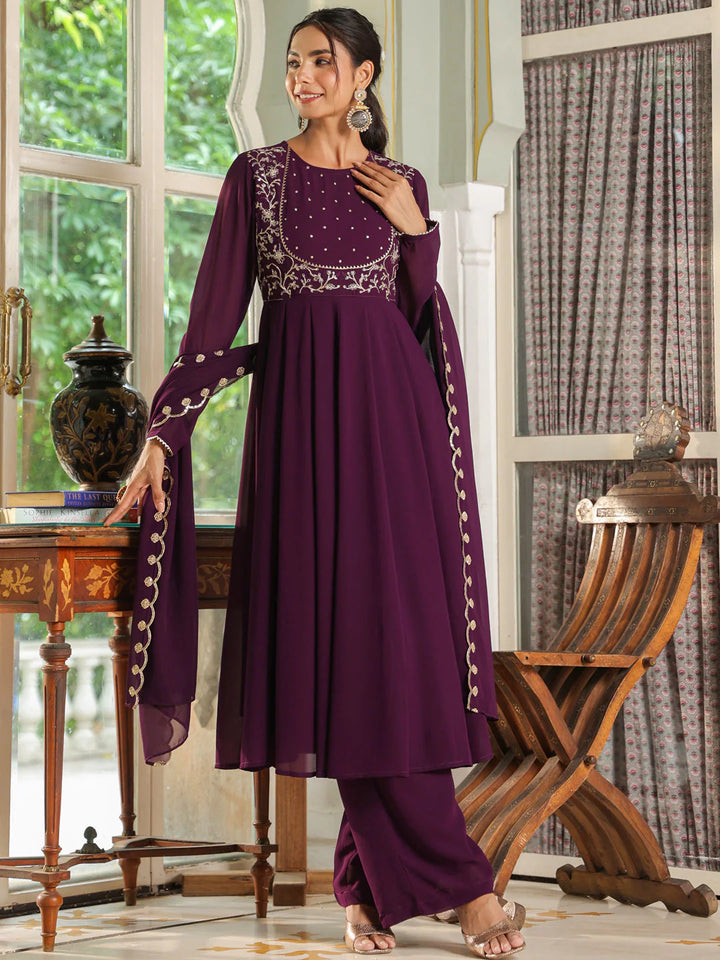 Purple Embroidered Georgette Anarkali Palazzo Set