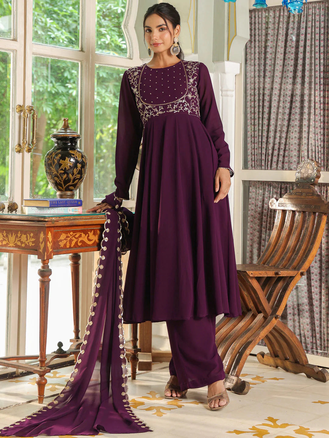 Purple Embroidered Georgette Anarkali Palazzo Set