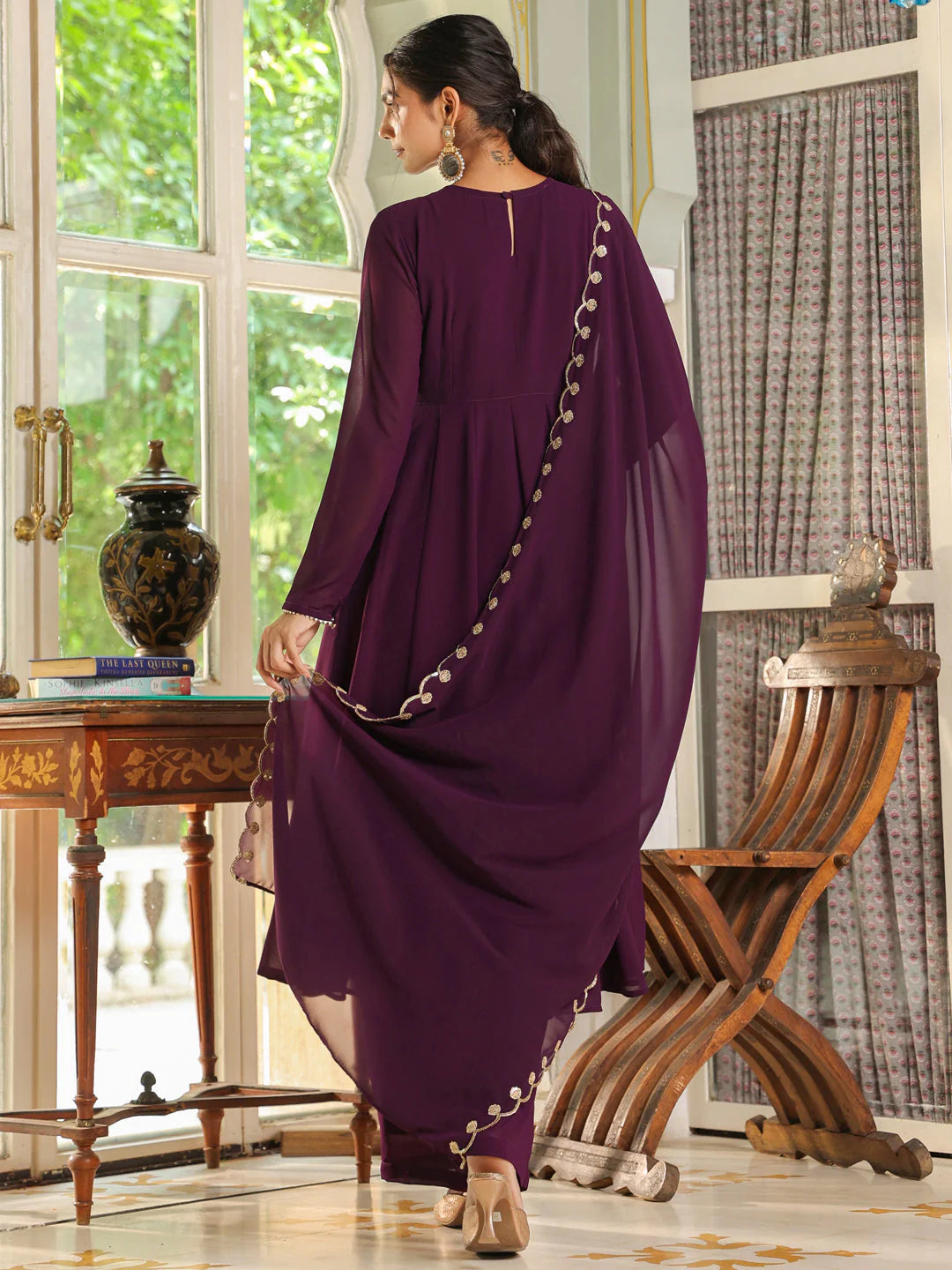 Purple Embroidered Georgette Anarkali Palazzo Set