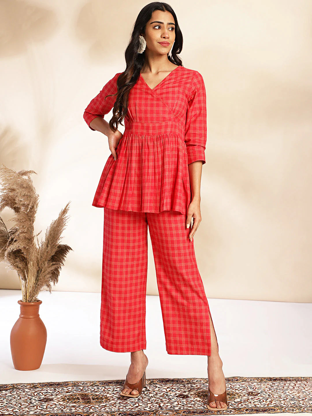 Red Checked Peplum Cotton Co-Ord Set