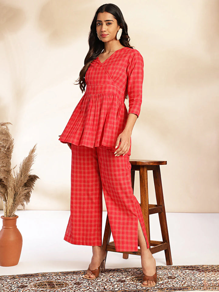 Red Checked Peplum Cotton Co-Ord Set