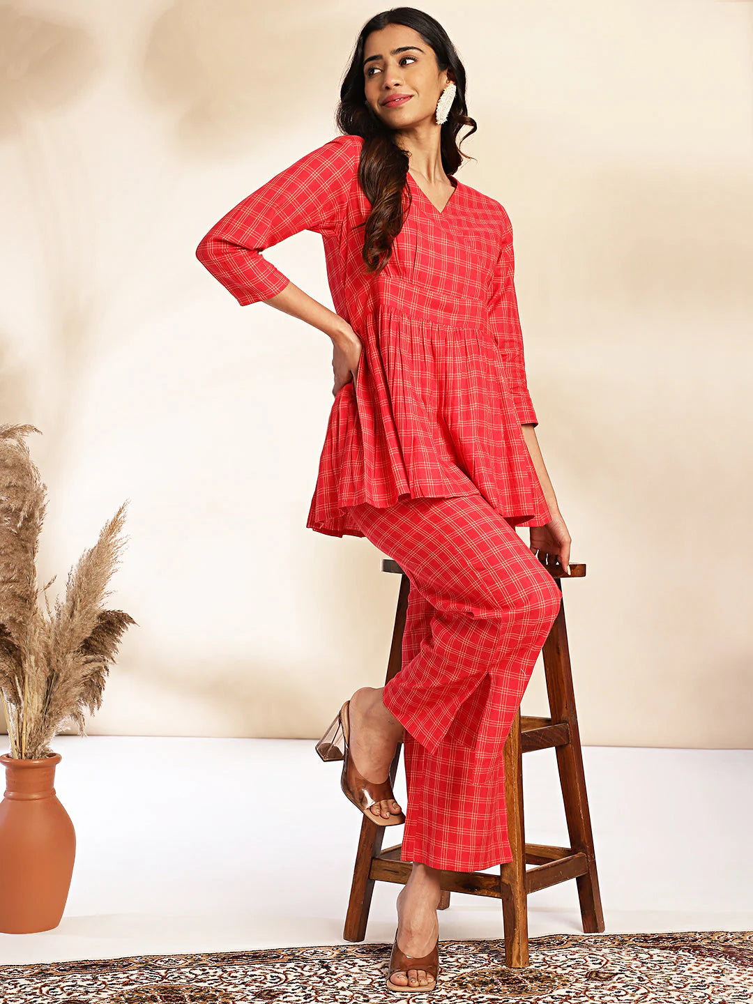 Red Checked Peplum Cotton Co-Ord Set