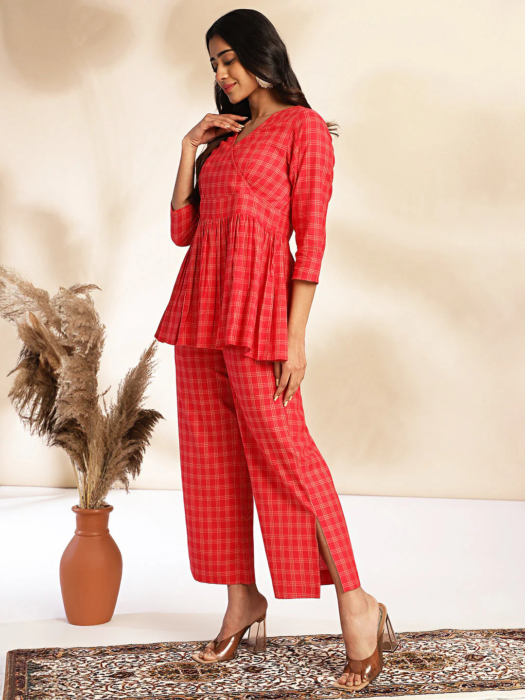 Red Checked Peplum Cotton Co-Ord Set