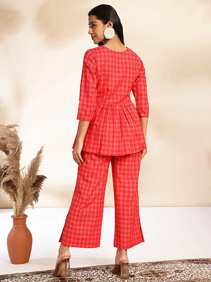 Red Checked Peplum Cotton Co-Ord Set