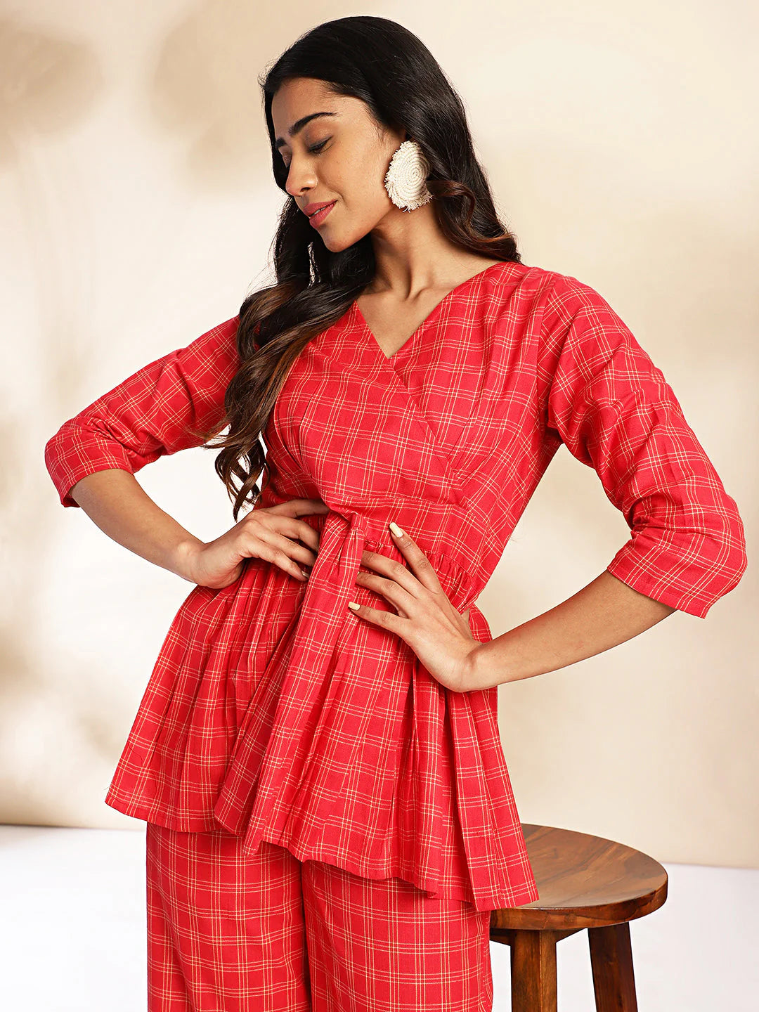 Red Checked Peplum Cotton Co-Ord Set