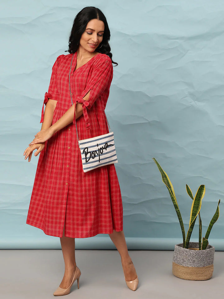 Red Cotton Flared Western Dress with Checkered Pattern