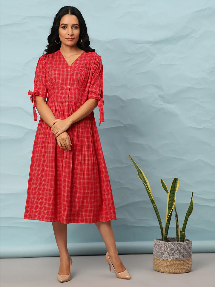 Red Cotton Flared Western Dress with Checkered Pattern