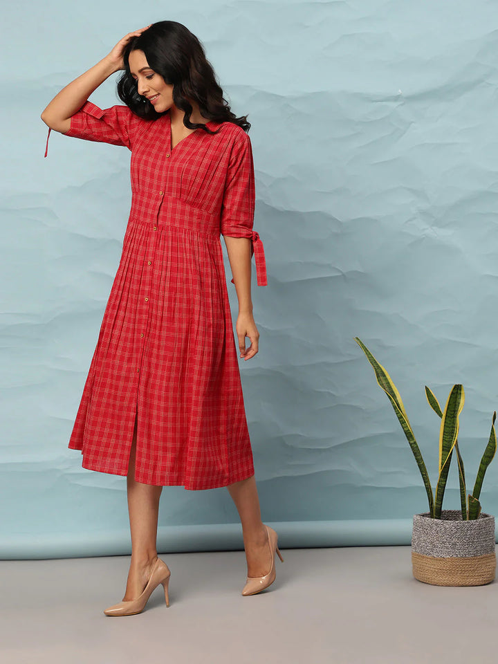 Red Cotton Flared Western Dress with Checkered Pattern