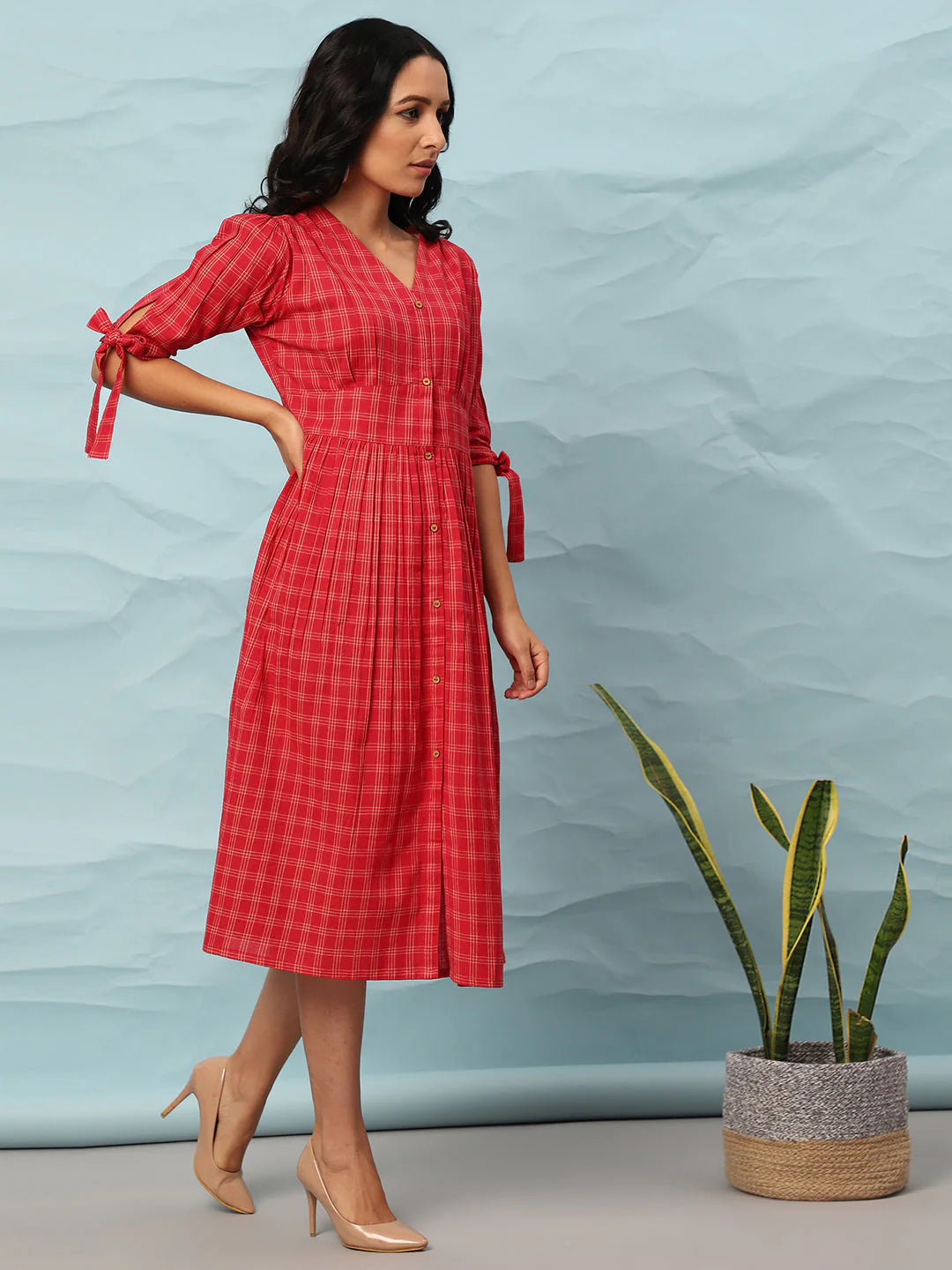 Red Cotton Flared Western Dress with Checkered Pattern