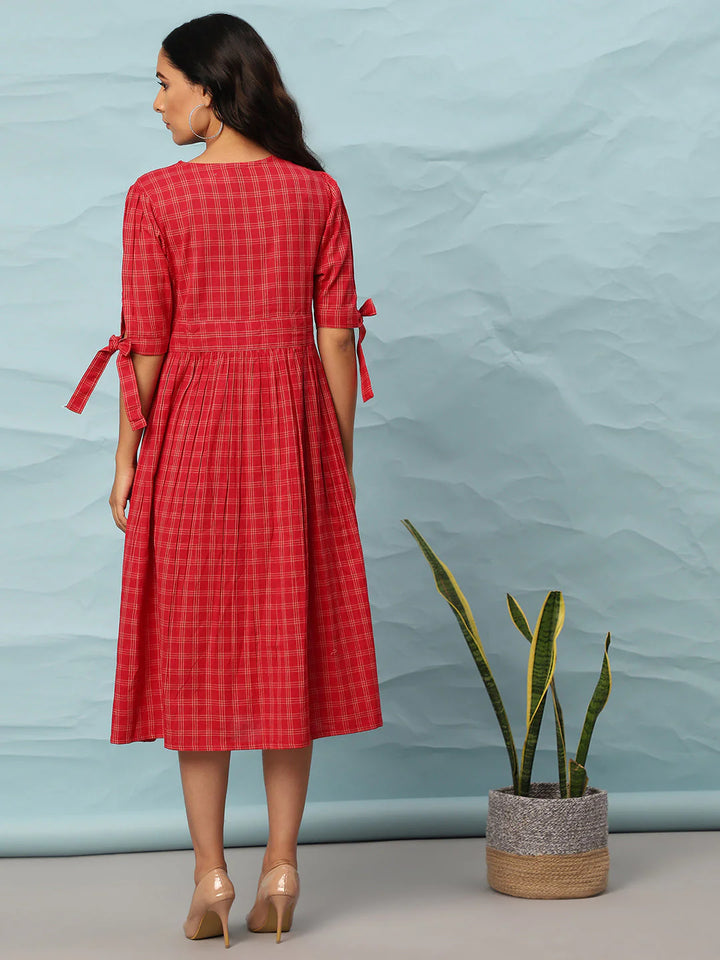 Red Cotton Flared Western Dress with Checkered Pattern