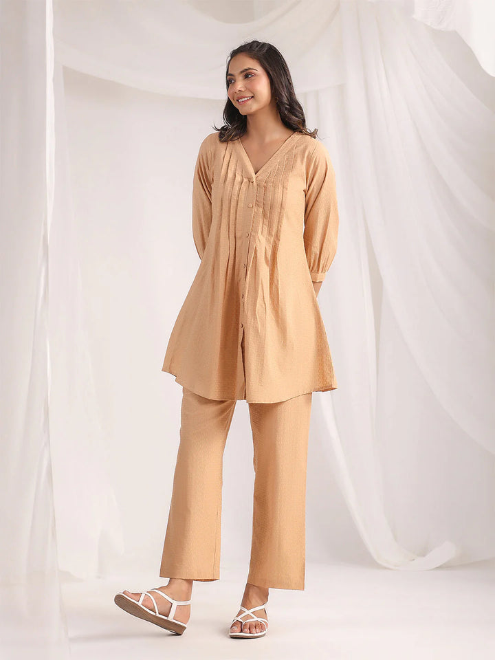 Self-Design Jacquard Pleated Cotton Co-Ord Set | Peach