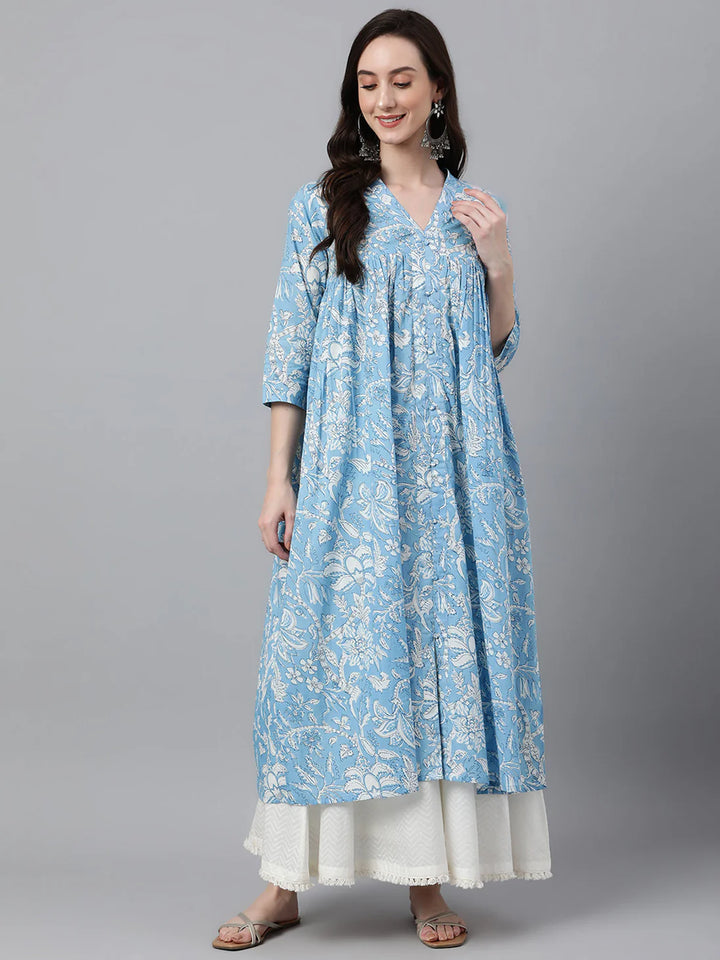 Sky Blue Floral Print Cotton Flared Kurta