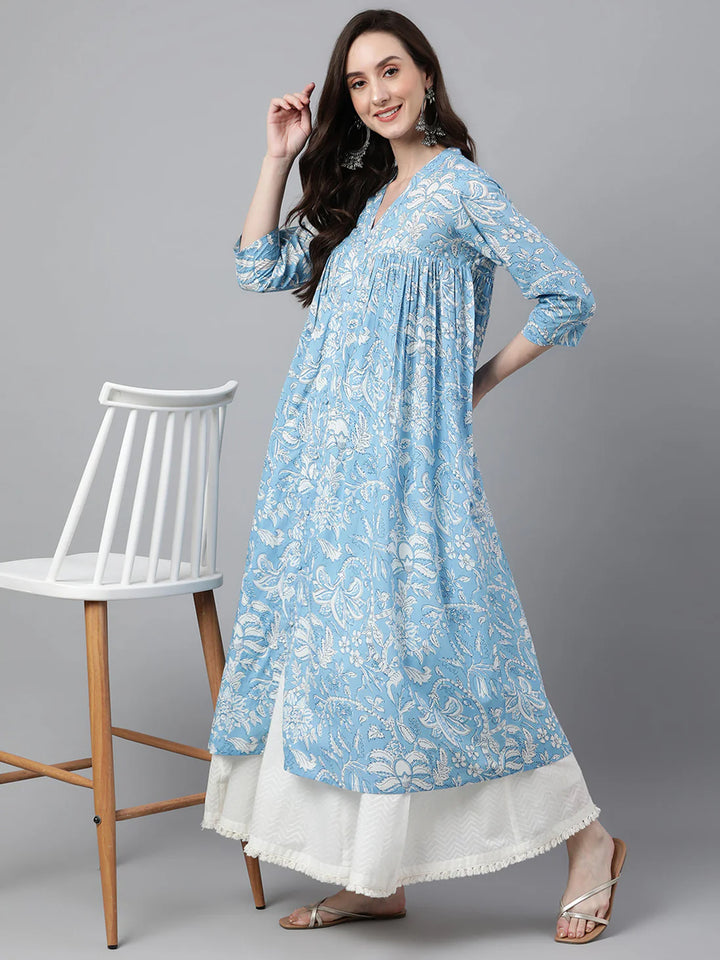 Sky Blue Floral Print Cotton Flared Kurta