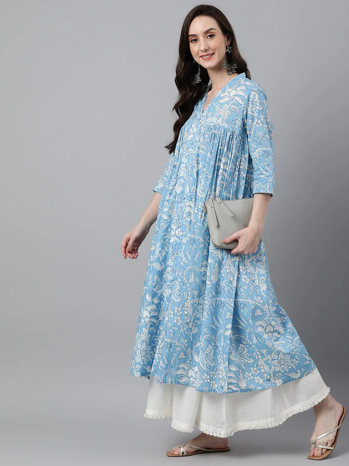 Sky Blue Floral Print Cotton Flared Kurta