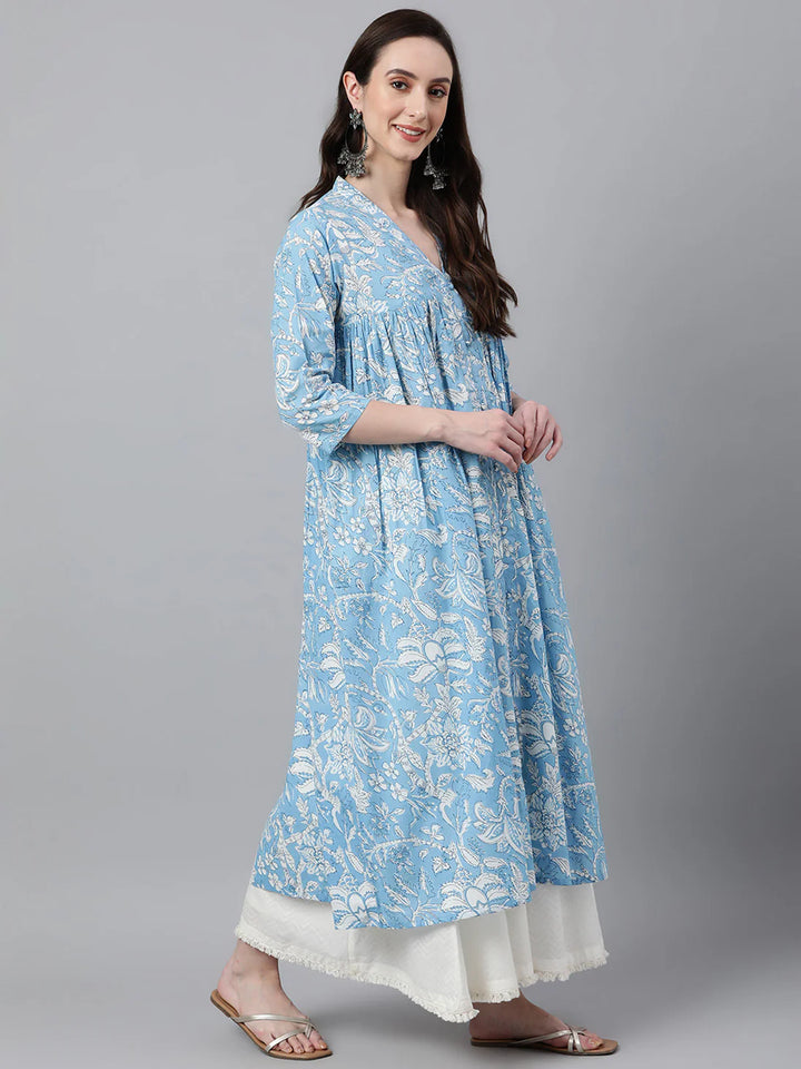 Sky Blue Floral Print Cotton Flared Kurta