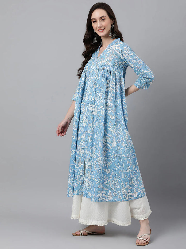 Sky Blue Floral Print Cotton Flared Kurta