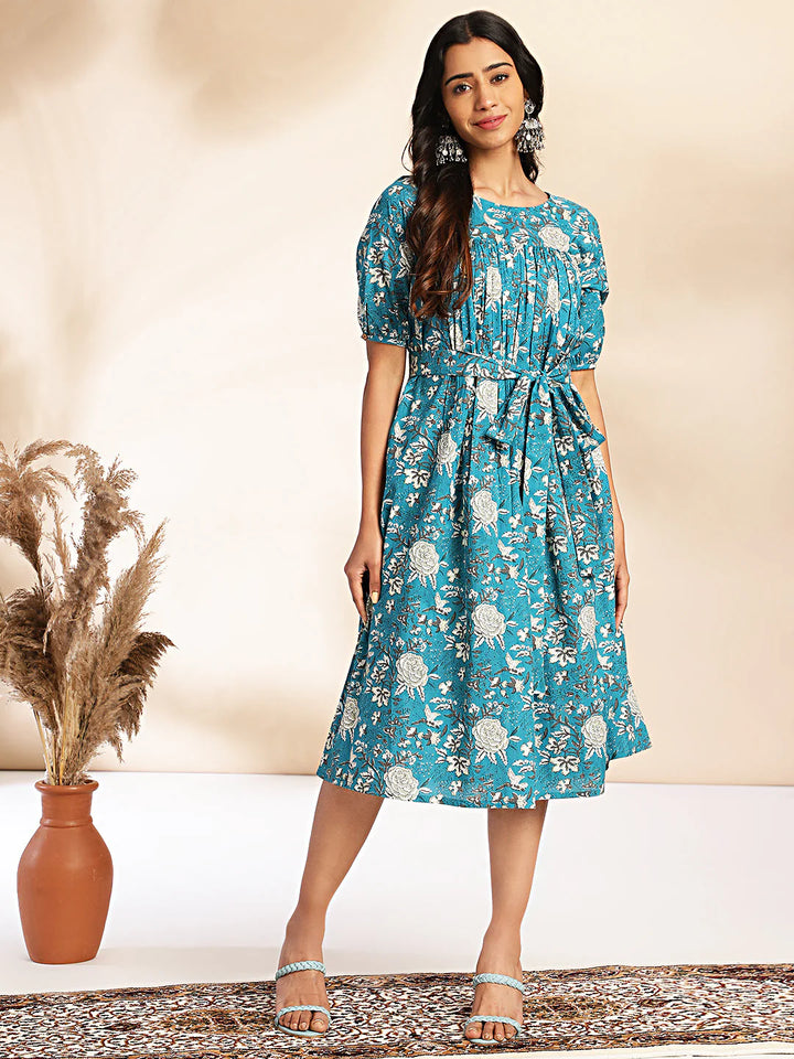 Teal Cotton Empire Dress with Floral Print