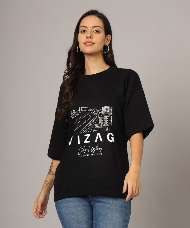 Vizag City Of Destiny Oversized T-Shirt for Women Black Front View