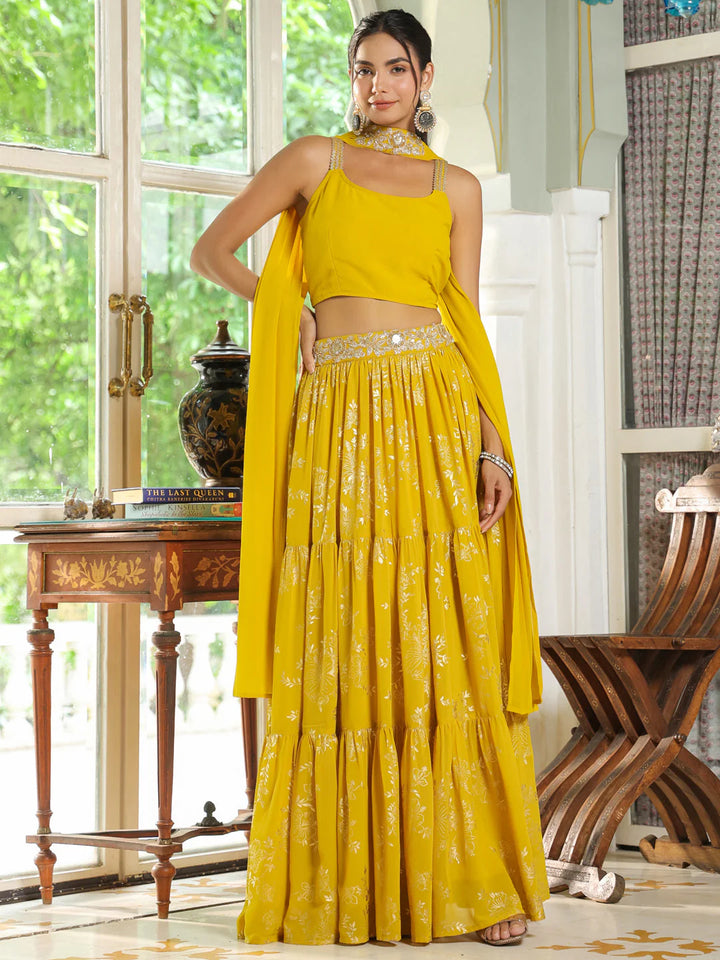 Yellow Georgette Embellished Foil Printed Tiered Lehenga Choli Set