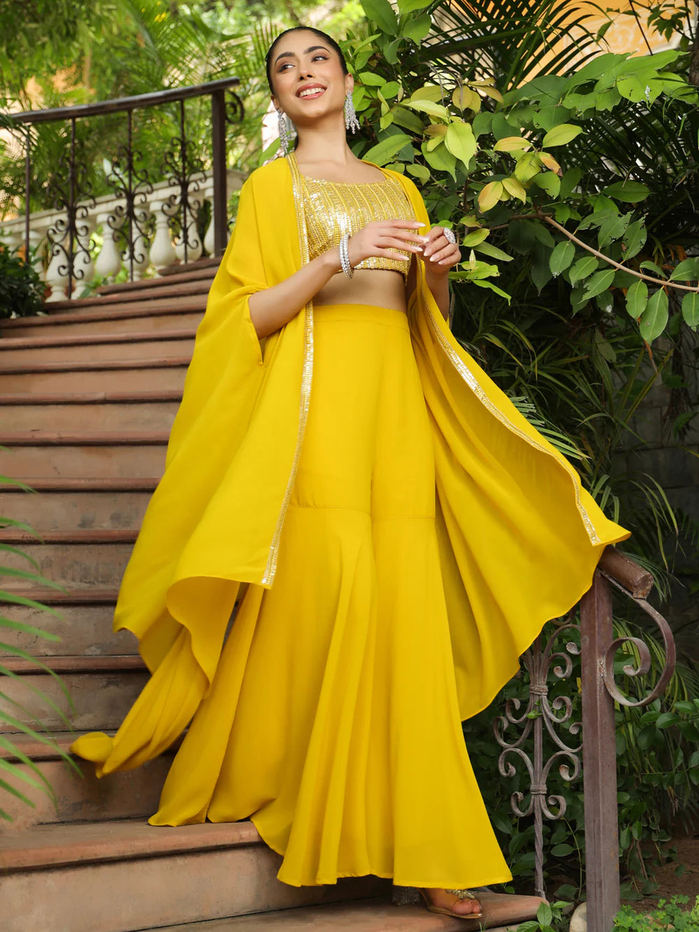 Yellow Sequined Crop Top with Sharara & Georgette Cape Set