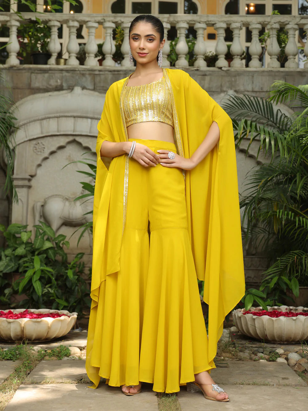 Yellow Sequined Crop Top with Sharara & Georgette Cape Set