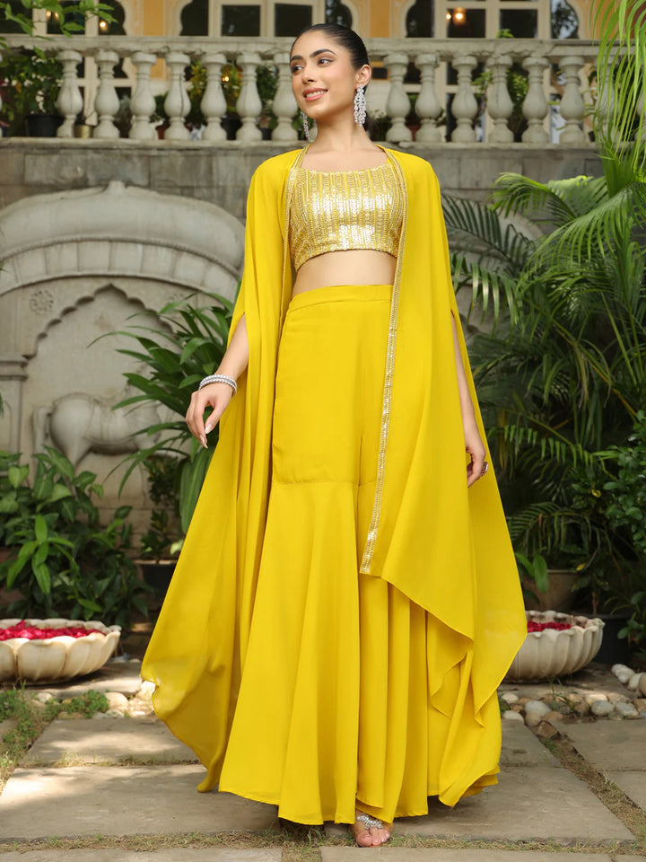 Yellow Sequined Crop Top with Sharara & Georgette Cape Set