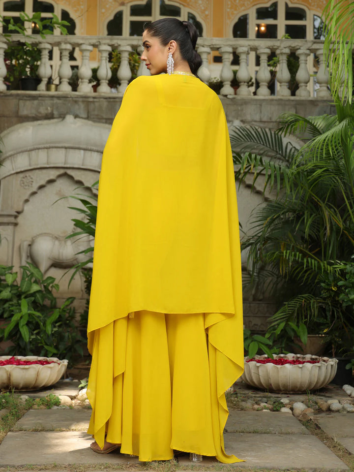 Yellow Sequined Crop Top with Sharara & Georgette Cape Set