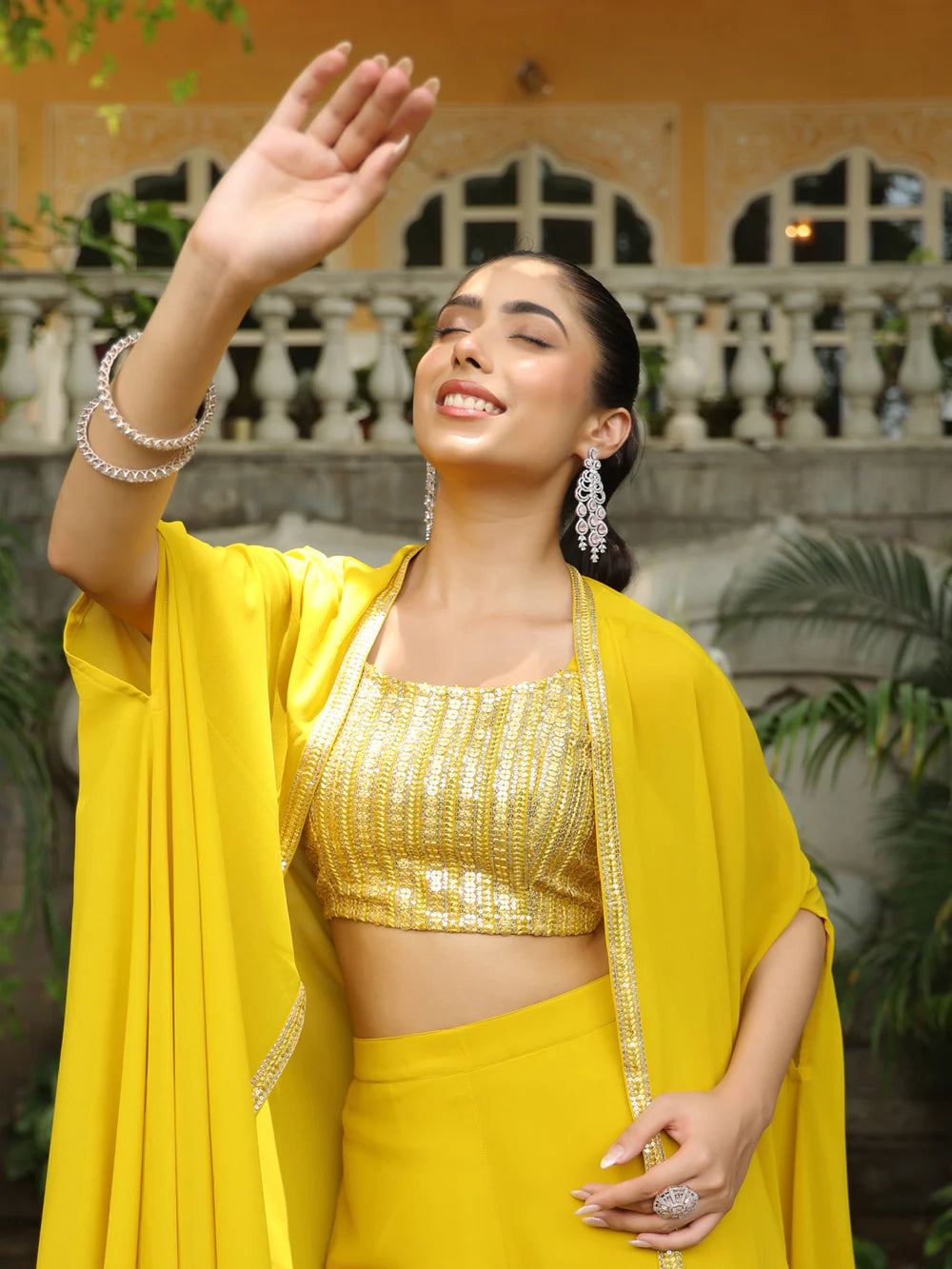 Yellow Sequined Crop Top with Sharara & Georgette Cape Set