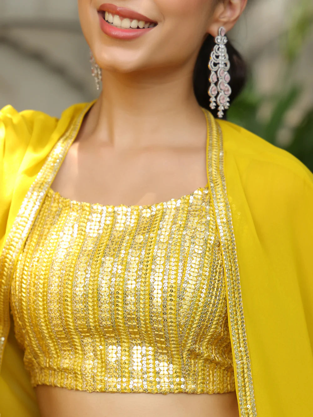 Yellow Sequined Crop Top with Sharara & Georgette Cape Set