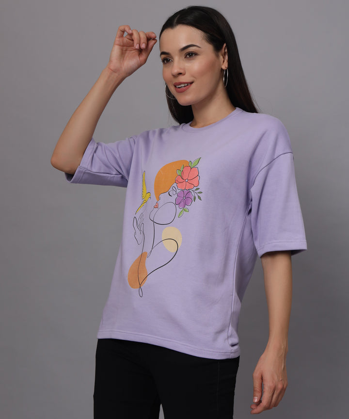 line art printed oversized t-shirt for women - lavender